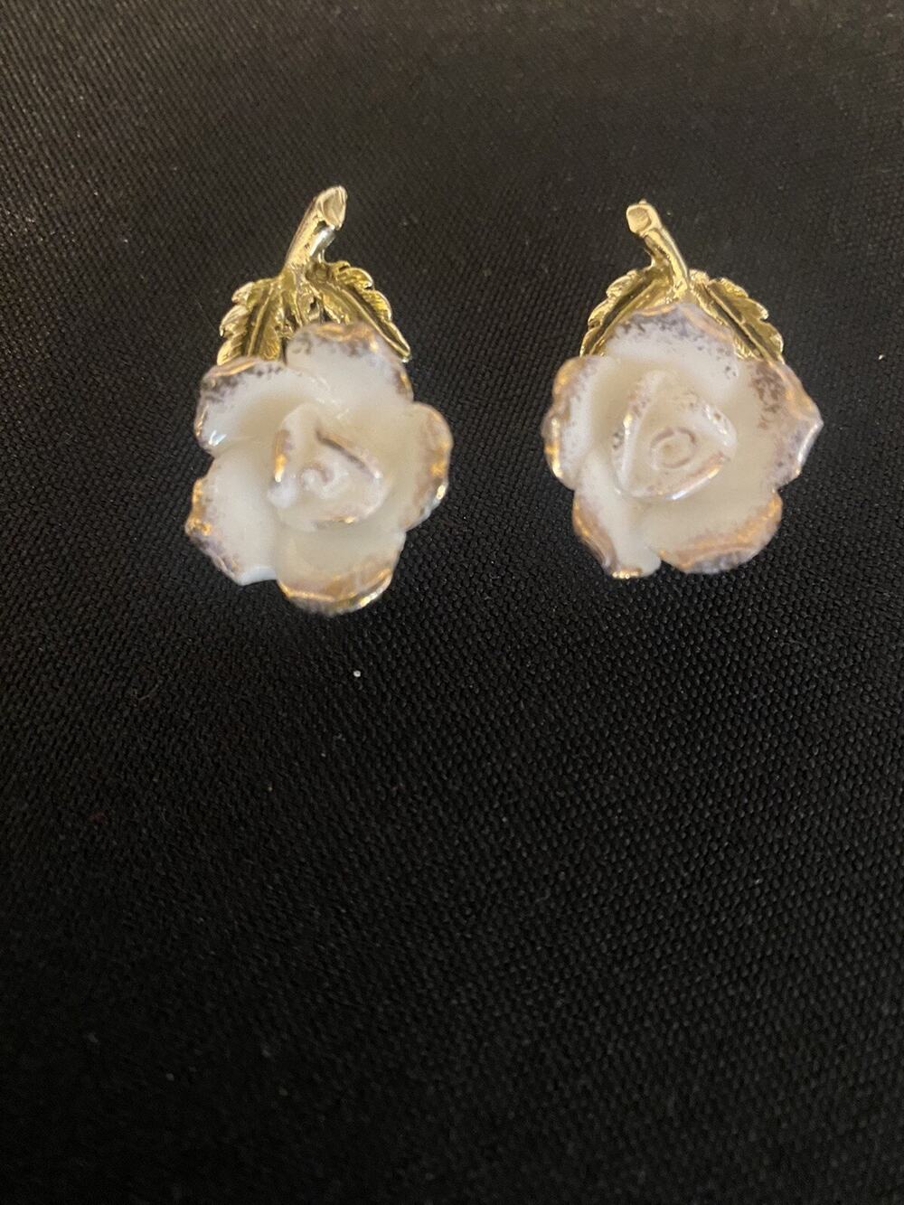 CORO Goldtone Leaf and Stem White Porcelain Look Flower Earrings Vintage